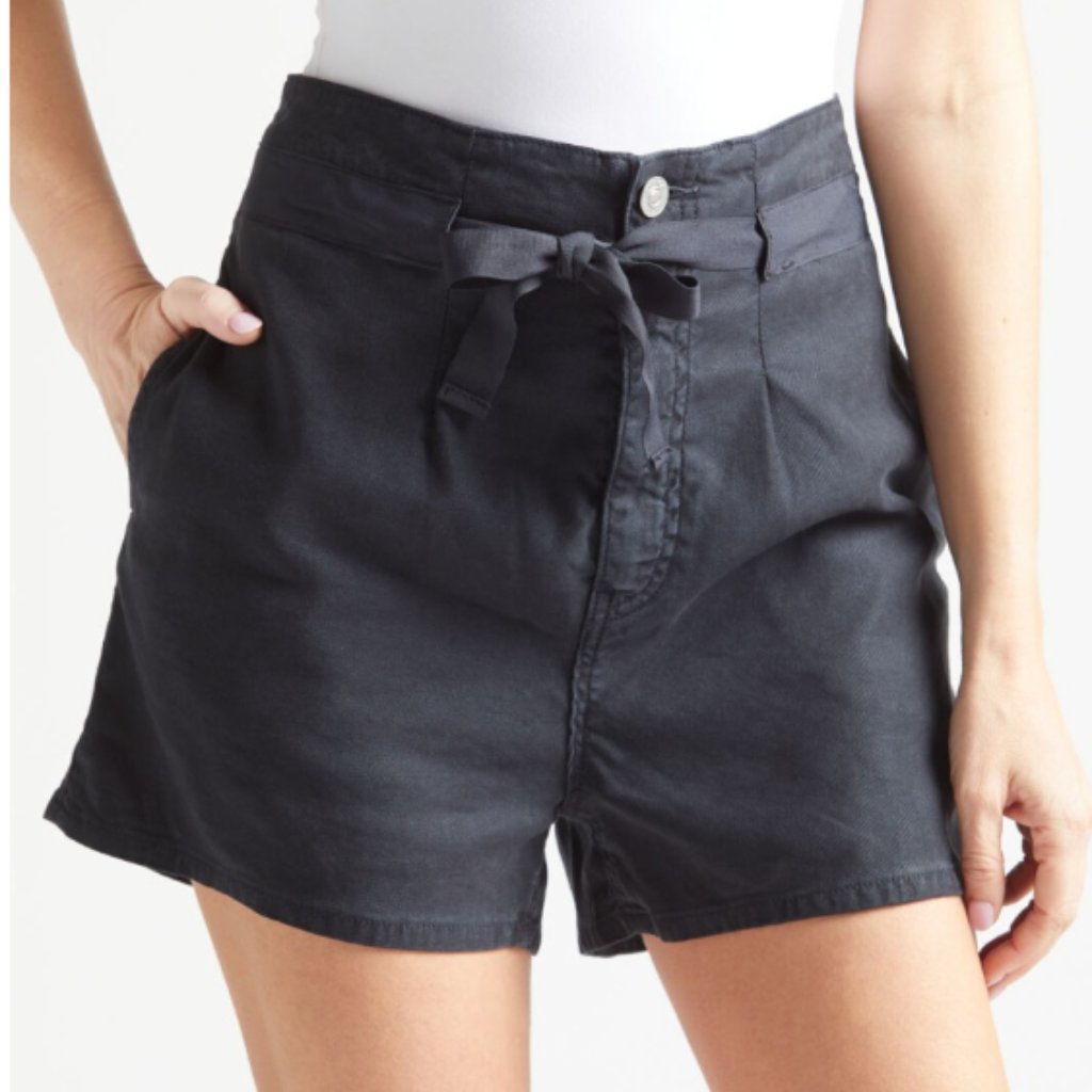Hudson I Black Casual Wide Leg Linen Blend Drawstring Paperbag Shorts, 32